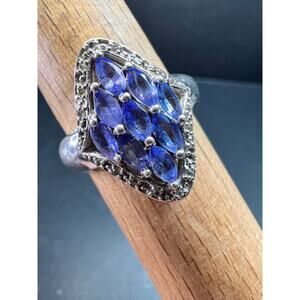 Vintage Tanzanite Diamond Sterling Silver Marquise Ring Size 9
